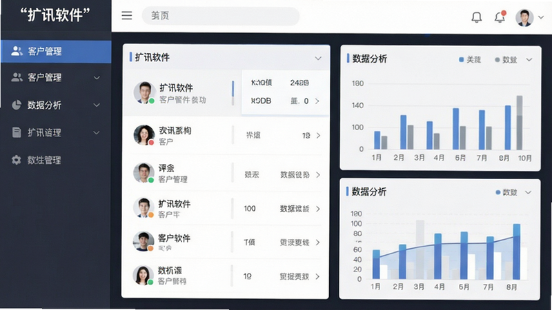 主体为扩讯软件APP界面,布局为左侧导航栏右侧数据仪表盘,排版清晰现代,风格为扁平化商务风,细节展示客户列表与统计图表,画质高清,干净,无多余元素,文字加引号:
