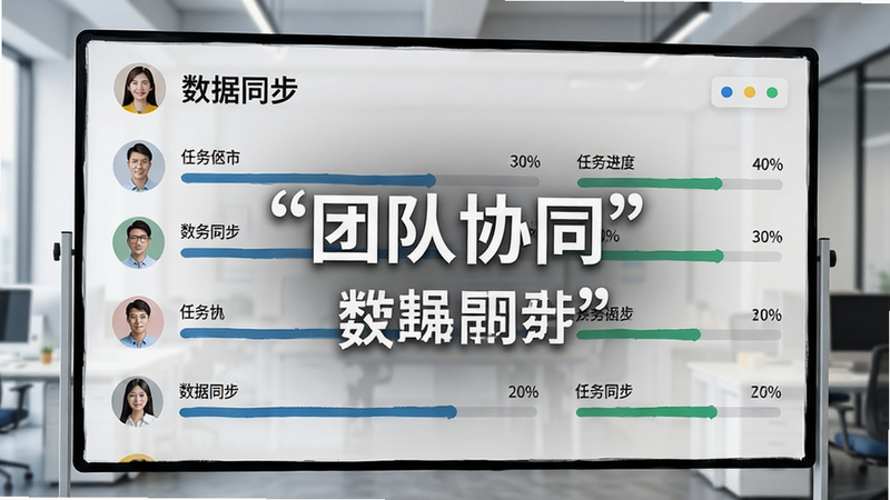 主体为团队协同看板,布局为多人头像与任务进度条,排版整齐有序,风格为现代办公风,细节展示任务分配与进度百分比,画质高清,干净,无多余元素,文字加引号: