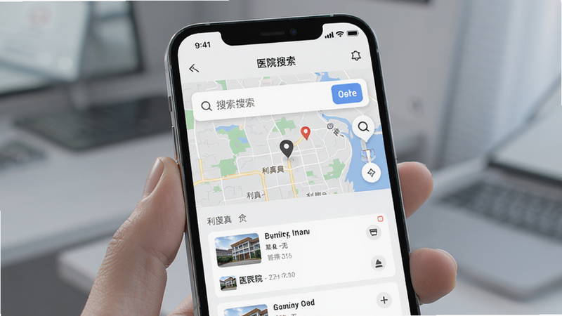 �ֻ���Ļչʾ�����桱App�ġ�ҽԺ������ҳ�棬��ʾ��ͼ��λ��ҽԺ�б��������࣬ͻ�����������ֱ�ݲ�ѯ���ܣ��ִ�UI��ƣ�������Ⱦ