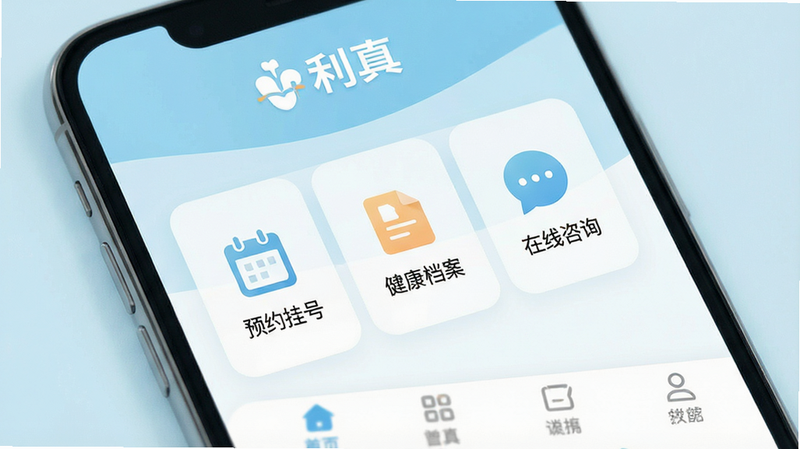 һ��չʾ�����桱App��ҳ������ֻ���Ļ��д������Ϊ��͵�ǳ��ɫҽ��ɫ�������涥����ʾ�����桱Logo���м����������š�ԤԼ�Һš�������������������������ѯ��������Ҫ������ڣ�ͼ����Ƽ���ִ����ײ��е�������������ɾ���רҵ���޶���װ�Σ��߷ֱ���