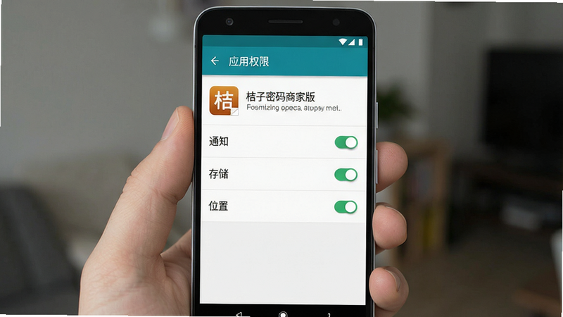 一张手机设置权限界面示意图,主体为安卓手机“应用权限”设置页面。布局为列表形式,显示“桔子密码商家版”应用,下方列出“通知”、“存储”、“位置”等权限开关,均处于开启状态。风格为系统原生UI,细节清晰,画质高清,干净,无多余元素