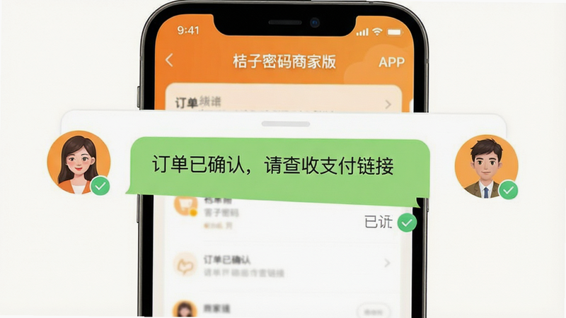 一张客户沟通界面示意图,主体为聊天窗口,左侧显示商家头像,右侧显示买家头像。中间气泡框内显示文字“订单已确认,请查收支付链接”。背景为“桔子密码商家版”APP界面,风格温馨友好,细节处有已读回执标记,画质清晰,干净,无多余元素