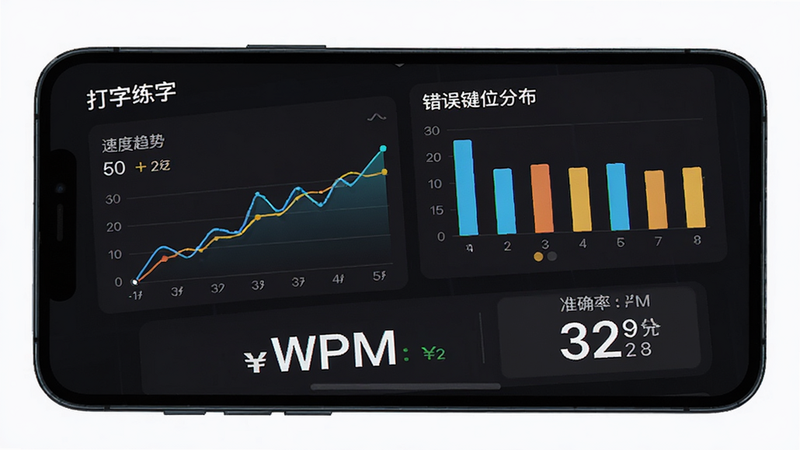 手机屏幕显示“打字练字”APP的数据统计页面,包含折线图显示速度趋势,柱状图显示错误键位分布,数字大号字体显示当前WPM和准确率,界面采用深色模式,数据图表色彩鲜明,对比度高,专业数据分析风格,清晰锐利,无杂讯