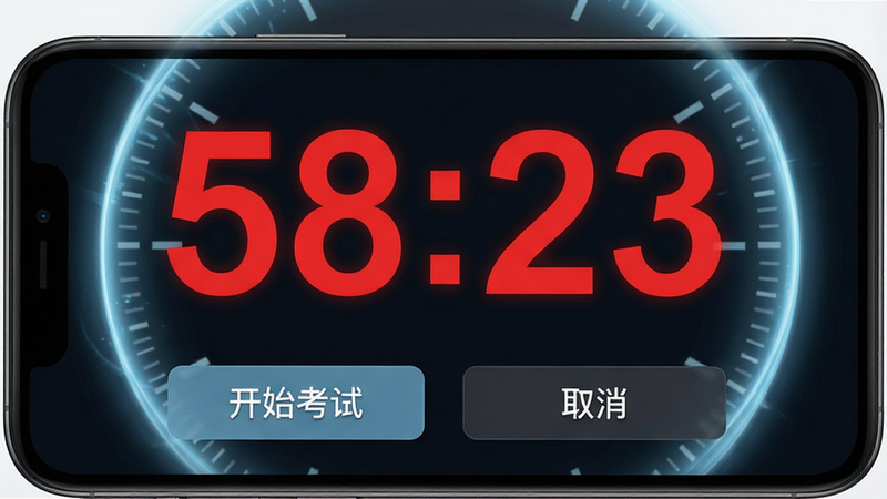 �ֻ���Ļ��ʾģ�⿼����ʱ���棬�޴�ĺ�ɫ������ʾʣ��ʱ��'58:23'���·���'��ʼ����'��'ȡ��'��ť������������ࡢרҵ����ɫ����ͻ�Խ��ȸУ���Χ�����ŵ���ɫ��ʱ��⻷��Ч�����壬�ִ�UI��Ʒ���޶������֣��ɾ�