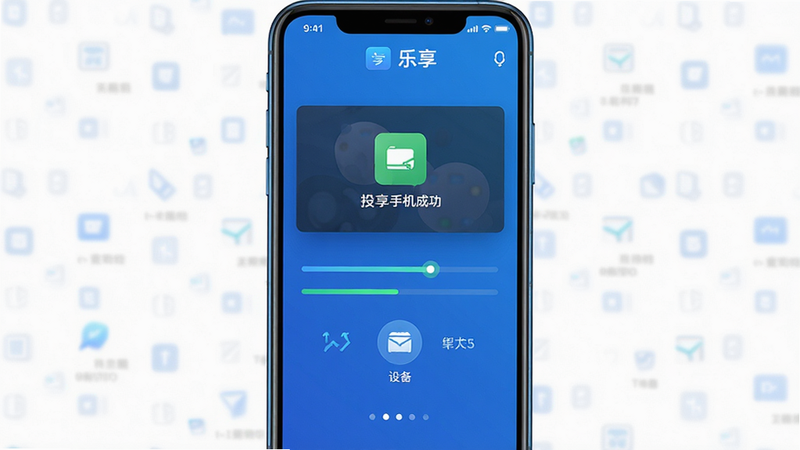 乐享手机投屏安卓客户端界面,主体为手机屏幕显示投屏连接成功画面,布局居中,排版简洁,风格现代科技蓝,细节清晰显示连接进度条与设备名称,画质高清,干净无多余元素