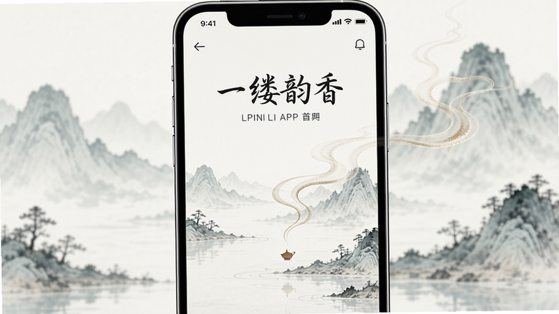 主体为手机屏幕界面,显示“一缕韵香”APP首页,背景是淡雅的水墨山水,布局居中,排版简洁,风格清新唯美,细节包含飘动的香气线条,画质高清,干净,无多余元素