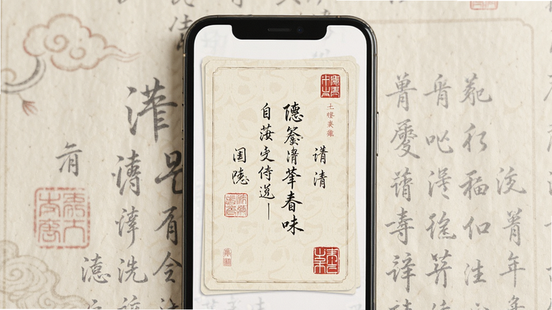 主体为手机屏幕上的签文卡片,背景是宣纸纹理,布局上下结构,排版字体优雅,风格古典中国风,细节包含印章图案,画质清晰,干净,无多余元素