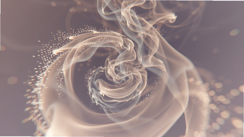 主体为抽象的香气流动可视化效果,布局呈螺旋状上升,排版充满画面感,风格梦幻且柔和,细节包含发光的粒子效果,画质细腻,干净,无多余元素