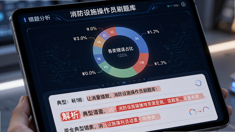 特写“消防设施操作员刷题库”的错题分析页面,屏幕中央是一个环形图表,显示各类错误占比,下方列出三道典型错题及其红色高亮的解析,界面设计现代,科技感强,光线柔和,突出数据分析的精准性,画质细腻