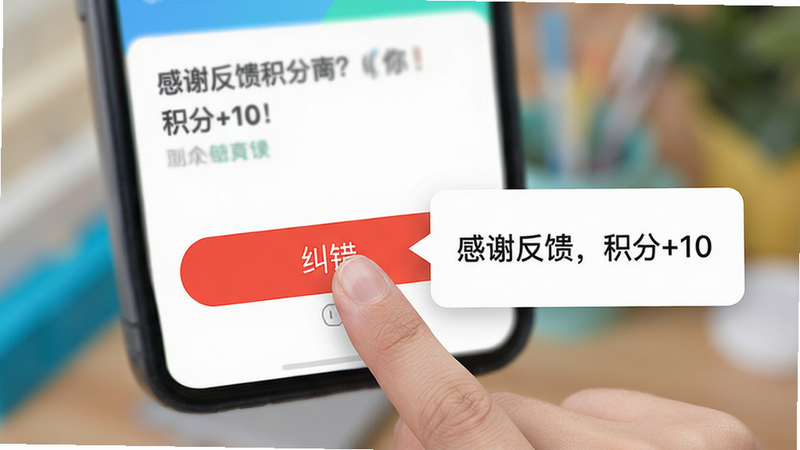 生成一张手机界面交互图,显示一道题目下方有一个红色的“纠错”按钮,手指正点击该按钮,旁边弹出提示框“感谢反馈,积分+10”,背景模糊,突出交互动作,风格现代,色彩鲜明,画质高清