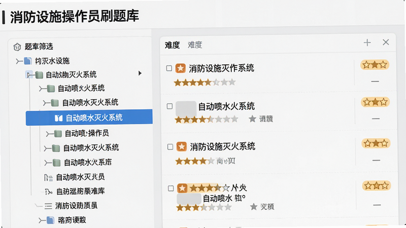 展示“消防设施操作员刷题库”的题库筛选界面,左侧是树状目录结构,高亮显示“自动喷水灭火系统”章节,右侧是题目列表,每题带有难度星级标签,背景简洁,字体清晰,体现专业与高效,画质高清,无杂讯