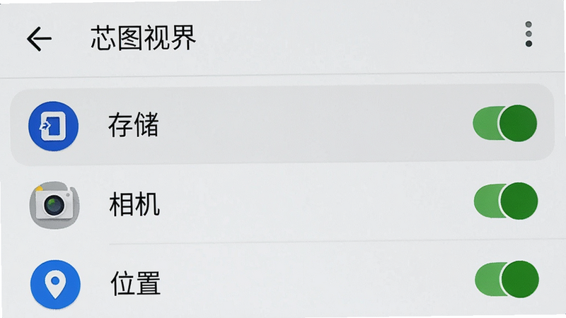 手机设置界面截图,显示“芯图视界”的应用权限管理页面,高亮显示“存储”、“相机”、“位置”权限已开启。界面整洁,图标清晰,风格为Android原生系统UI,细节真实,画质高清,无多余装饰
