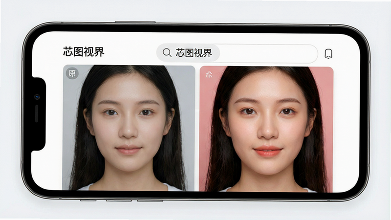 一张高清手机屏幕展示界面,主体是“芯图视界”App的主界面,布局清晰,顶部有搜索栏,中间展示三张经过智能优化的人像照片,左侧为原图,右侧为优化后的高清人像,色彩鲜艳,皮肤细腻。风格为现代扁平化设计,细节丰富,画质4k,干净无多余元素,文字标签“芯图视界”清晰可见