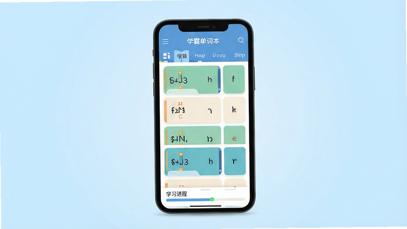 һ�ű�ƽ������Ӧ�ý���չʾͼ������Ϊ�ֻ���Ļ����ʾ��ѧ�Ե��ʱ���APP��ҳ�������������ĵ��������м��ǵ��ʿ�Ƭ�б����ײ���ѧϰ������������Ϊǳ��ɫ���䣬ɫ�����£��޶���Ԫ�أ�4k����