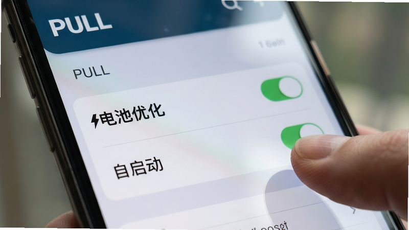 主体为手机屏幕特写,显示PULL应用的设置界面,重点高亮“电池优化”和“自启动”开关选项,背景虚化,突出操作焦点。布局清晰,手指正在点击开关的动作示意。排版整洁,重点选项加粗显示。风格为真实UI截图风格,色彩自然。细节包括屏幕反光效果,增加真实感。画质高清,清晰锐利,无模糊,无多余水印。