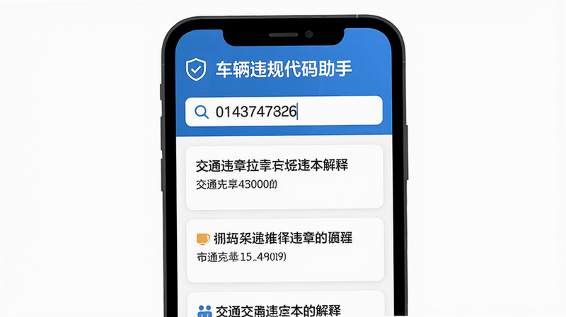 主体为手机屏幕界面,显示“车辆违规代码助手”APP首页,搜索栏输入数字,下方列表展示对应的交通违章文字解释,布局简洁,扁平化设计,白色背景,蓝色主色调,高清矢量风格,无多余元素,文字清晰