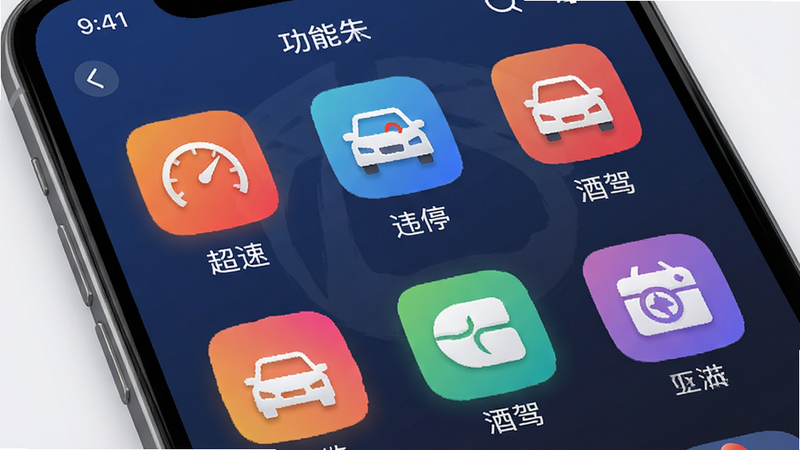 主体为手机APP的功能分类页面,图标式设计展示“超速”、“违停”、“酒驾”等分类入口,布局整齐,图标色彩丰富但协调,UI设计现代,高清渲染,无杂乱元素