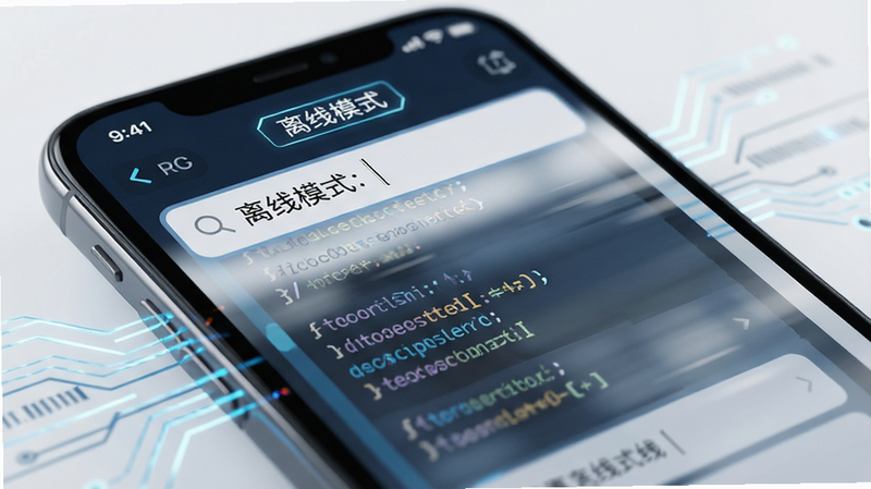 主体为手机界面特写,展示离线搜索状态,顶部显示“离线模式”标签,搜索框内输入代码,列表快速滚动,背景虚化,强调速度感,科技感线条装饰,高清细节,干净背景