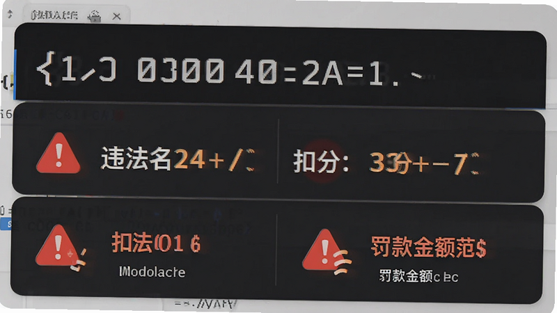 主体为代码详情页面,显示代码数字、违法名称、扣分分值图标(如红色警示)、罚款金额范围,排版清晰,重点数据高亮显示,风格专业严谨,高清画质,简洁背景