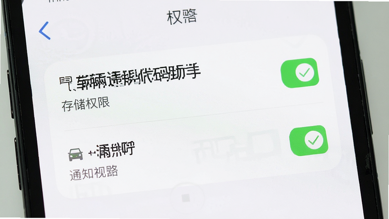 主体为手机设置界面,显示权限管理页面,“车辆违规代码助手”的存储权限和通知权限已开启,勾选框为绿色,背景简洁,UI清晰,高清细节,无干扰元素
