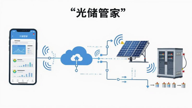 展示光储管家远程运维功能的示意图,主体为手机连接云端服务器,再连接至远处的光伏板与电池柜,布局呈网络拓扑结构,风格扁平化设计,线条简洁,细节包含信号波纹与数据流,画质清晰,干净,无多余元素,文字加引号“光储管家”