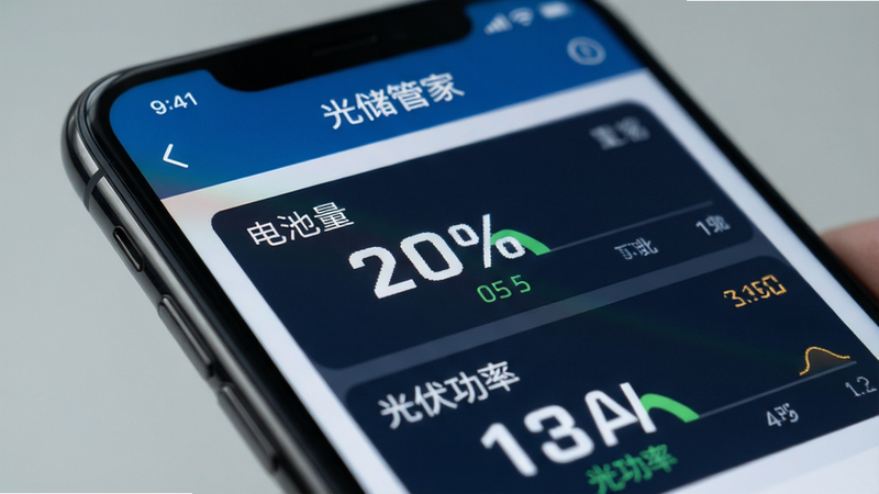一个特写镜头,显示手机屏幕上“光储管家”的实时监控界面,聚焦于电池电量百分比和光伏功率读数,背景虚化,突出数据的清晰度与科技感,风格写实,细节丰富,画质细腻,干净,无多余元素,文字加引号“光储管家”