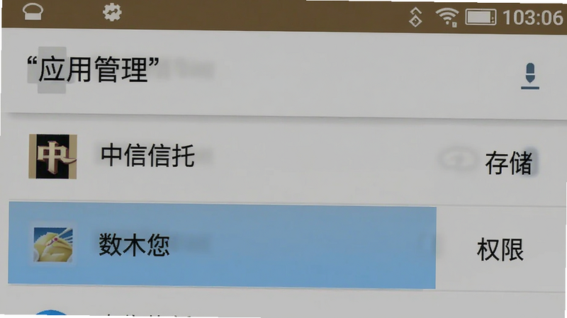 手机设置界面示意图,主体为“应用管理”列表,高亮显示“中信信托”条目,右侧有“存储”、“权限”选项,背景为安卓系统默认风格,色调中性,画质清晰,文字加引号“应用管理”
