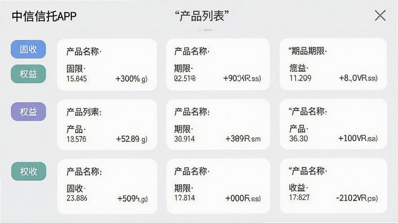 模拟中信信托APP产品列表页面的截图,主体为卡片式布局,每张卡片包含产品名称、期限、收益率百分比,左侧有分类筛选标签如“固收”、“权益”,背景为浅灰色,字体清晰易读,风格简洁现代,画质干净,文字加引号“产品列表”