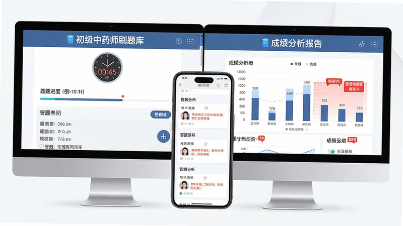 主体为电脑屏幕与手机同屏对比图,左侧显示“初级中药师刷题库”模拟考场界面,包含倒计时时钟、题目进度条、答题区域,右侧显示成绩分析报告图表,布局对称平衡,排版整齐,风格专业商务风,细节处有红色高亮标记错题,画质锐利,干净,无多余元素