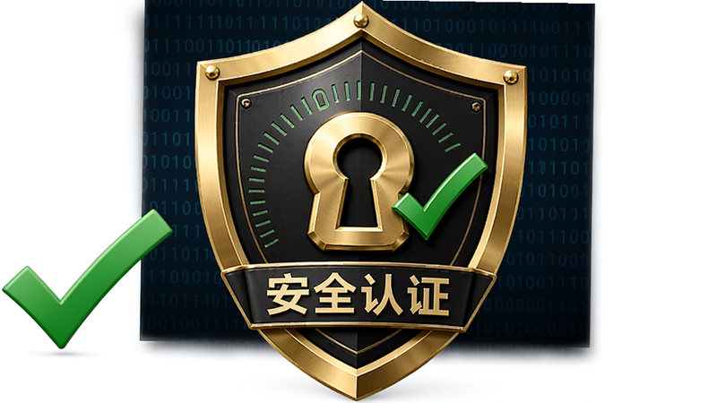 微壳跑胡子安全认证盾牌图标,主体为金色盾牌与锁孔,布局中心突出,排版稳重,风格为商务安全科技风,细节包含二进制代码背景、绿色对勾、锁闭线条,文字显示“安全认证”,画质高清,干净,无多余元素,正面特写,金属质感