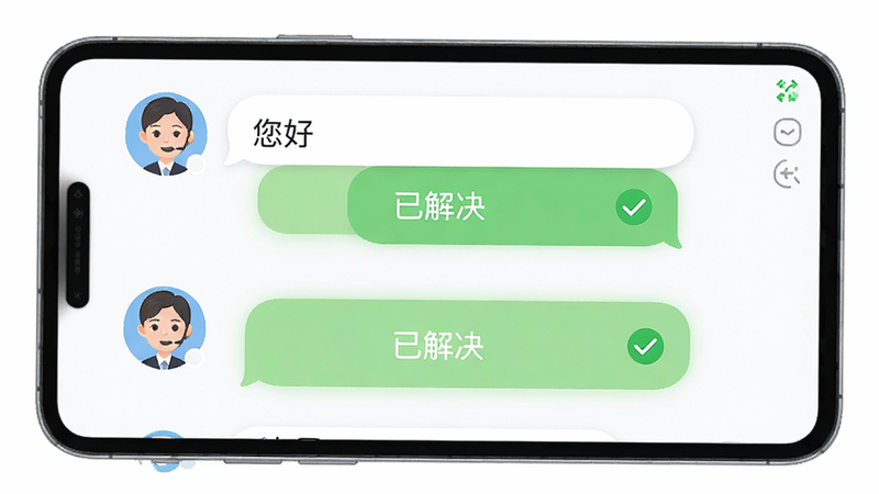 微壳跑胡子客服聊天界面,主体为对话气泡,布局上下排列,排版清晰,风格为清新简约,细节包含客服头像、用户头像、文字“您好”、“已解决”、绿色对勾,画质高清,干净,无多余元素,正面视角,白色背景