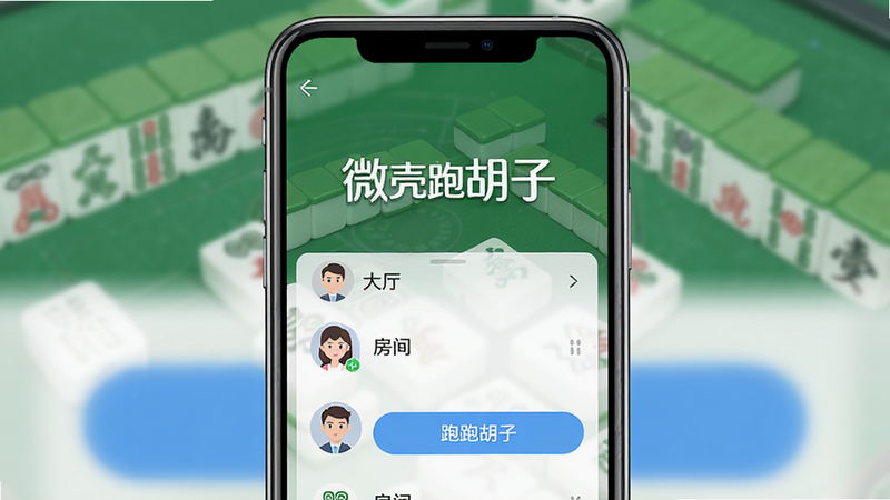 微壳跑胡子安卓应用主界面展示,主体为手机屏幕,布局清晰展示大厅、房间列表及用户头像,排版简洁现代,风格为扁平化UI设计,细节包含绿色麻将牌背景元素、蓝色按钮、白色文字“微壳跑胡子”,画质高清,干净,无多余元素,正面视角,光线柔和