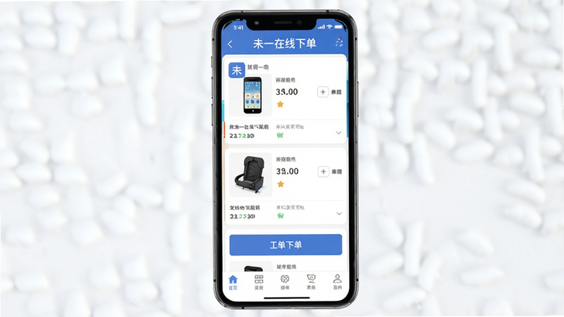 主体为未一在线下单安卓APP界面展示,布局清晰,顶部显示软件名称,中间为商品列表与下单按钮,底部为导航栏,风格简约现代,细节丰富,画质高清,干净无多余元素,文字包含