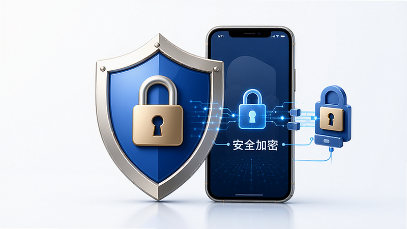 展示未一在线下单APP的安全锁图标与数据加密示意图,主体为盾牌与手机,布局居中,风格专业可信,细节精致,画质高清,干净,文字包含