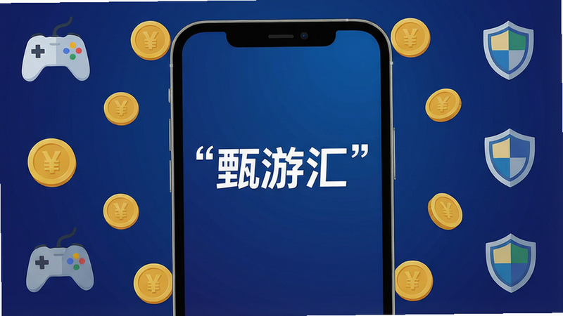 一张扁平化风格的UI设计图,主体为手机界面,中央显示“甄游汇”Logo,周围环绕着游戏手柄、金币、盾牌等图标,背景为深蓝色渐变,布局对称整洁,排版清晰,风格现代简约,细节丰富,画质高清,干净,无多余元素,文字“甄游汇”加引号