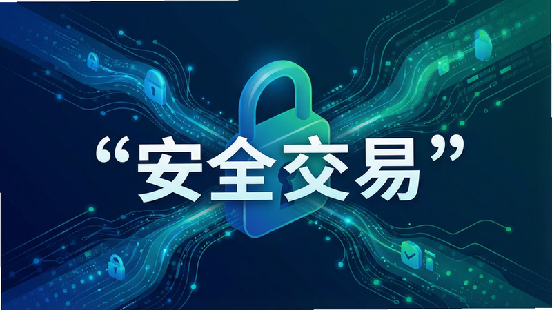 一张数据流与锁结合的抽象图,象征数据加密传输,线条流畅,色彩为蓝绿渐变,布局动态平衡,排版富有科技感,风格现代抽象,细节细腻,画质超清,干净,无多余元素,文字“安全交易”加引号