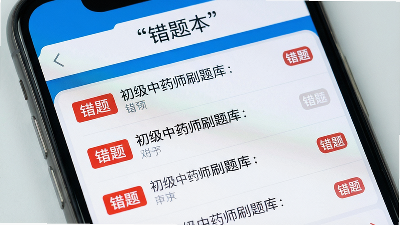 手机屏幕特写,显示“初级中药师刷题库”的错题本界面,布局为列表形式,每行显示题目摘要和错误标记,排版紧凑易读,风格为科技蓝白色调,细节包含红色的“错题”标签和灰色的题目文本,画质清晰,干净无水印,文字“错题本”加引号