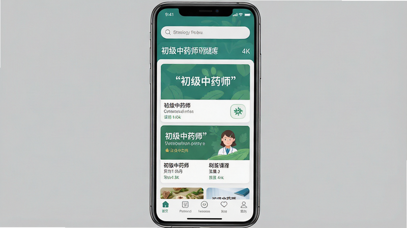 一张高清手机应用界面展示图,主体为“初级中药师刷题库”APP首页,布局清晰分为顶部搜索栏、中部推荐课程卡片和底部导航栏,排版整洁有序,风格为现代简约扁平化设计,细节包含清晰的图标和文字“初级中药师”,画质4k,干净无多余元素,文字“初级中药师刷题库”加引号