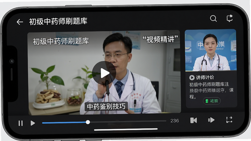 手机横屏显示视频播放界面,主体为“初级中药师刷题库”APP的视频课程播放页,布局包含视频主窗口、下方进度条和右侧讲师简介,排版专业,风格为沉浸式深色模式,细节包含播放按钮和字幕“中药鉴别技巧”,画质高清,干净无干扰,文字“视频精讲”加引号