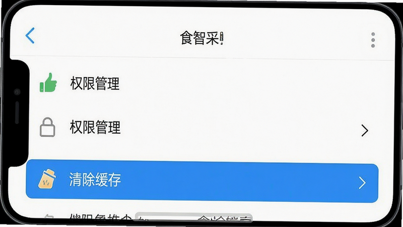 一张手机屏幕截图,显示“食智采”App的设置页面,其中“权限管理”和“清除缓存”选项被高亮显示,界面简洁,图标清晰,背景为纯白色,风格极简,高清细节,无水印