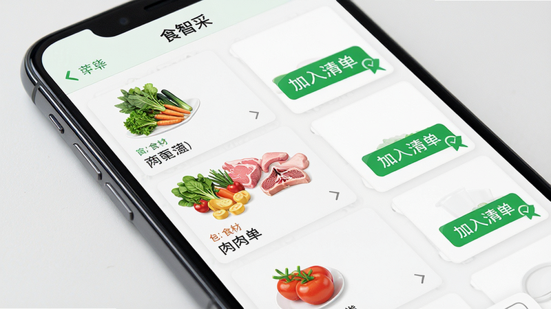 手机界面特写,展示“食智采”App内的食材选购页面,列表中清晰显示蔬菜、肉类等分类,每个商品旁有绿色的“加入清单”按钮,界面布局整齐,文字清晰可读,风格扁平化,细节精致,高清摄影风格