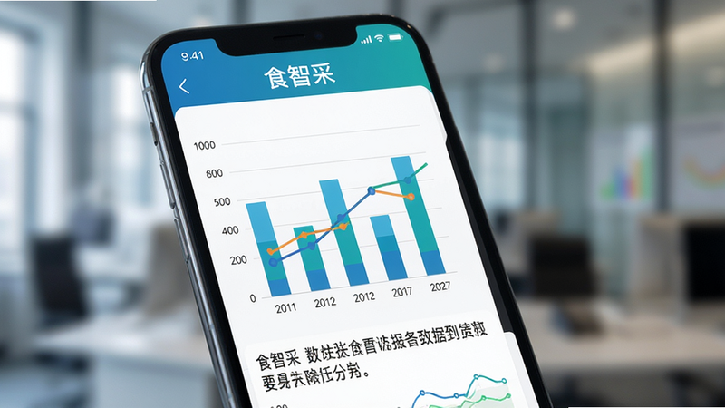 一张展示数据报表的手机界面,屏幕上是“食智采”App的统计图表,包含柱状图和折线图,颜色区分明显,图表下方有简洁的文字说明,整体风格商务且专业,背景虚化处理,突出屏幕内容,高清细节