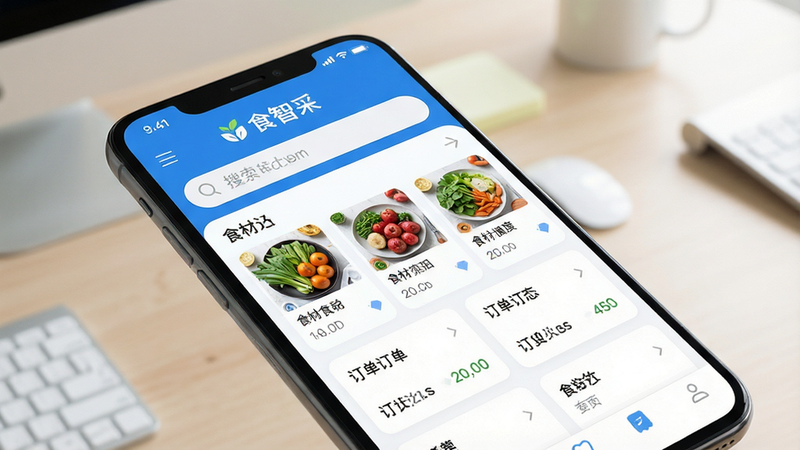 一张高清的智能手机界面截图,屏幕显示着“食智采”App的主页,界面设计简洁现代,主色调为清爽的蓝白色,顶部有清晰的Logo和搜索栏,下方展示着分类明确的食材列表和订单状态卡片,背景为柔和的办公桌面,光线明亮,体现专业与高效,画质4k,无多余元素