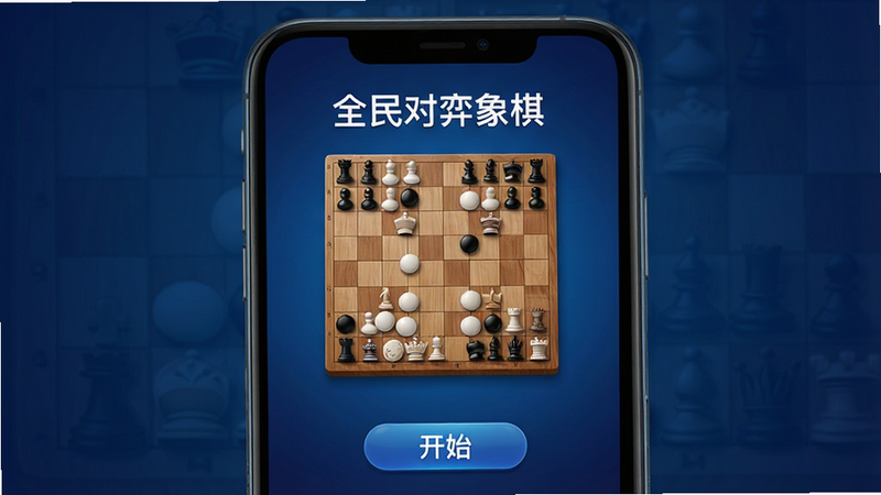 主体为手机屏幕特写,屏幕中央显示“全民对弈象棋”应用界面,背景为深蓝色渐变,界面顶部有白色应用名称,中部为木质纹理棋盘与黑白棋子,底部有开始按钮,风格简洁现代,细节清晰,高清画质,无多余元素