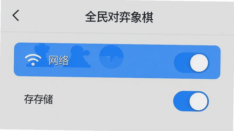 主体为手机设置界面截图,显示“全民对弈象棋”应用的权限管理页面,高亮显示“网络”和“存储”权限开关,背景为浅灰色,风格简洁直观,细节清晰,高清画质,无多余水印