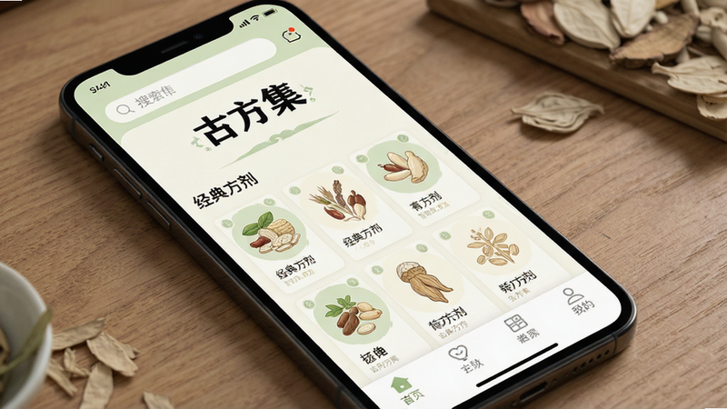 一张高质量的手机应用界面展示图,主体为“古方集”APP首页,布局清晰,顶部有搜索栏,中间展示“经典方剂”列表卡片,底部有导航栏,风格为现代简约中医风,配色以米白和淡绿为主,细节包含中药图标,文字加粗显示“古方集”,画质高清,干净,无多余元素