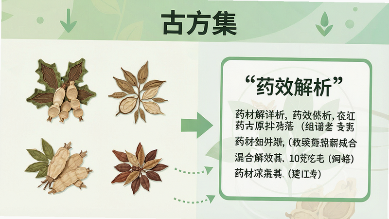 一张信息图表风格的设计图,主题为“古方集”药材详解,布局为左右对比,左侧是药材图片,右侧是文字说明框,风格扁平化,配色清新,细节包含箭头指引,文字加引号显示“药效解析”,画质清晰,整洁,无杂色