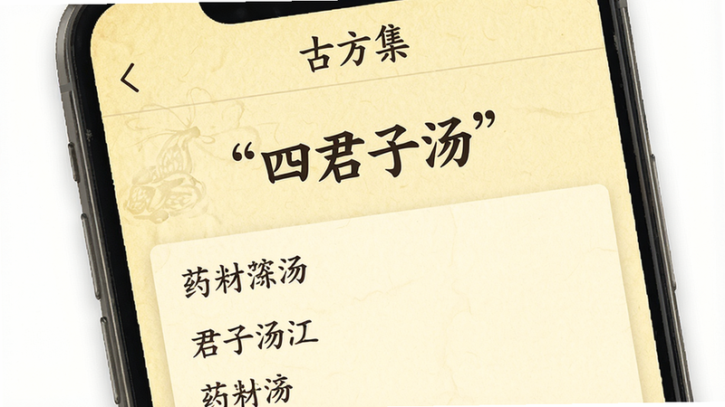 一张手机屏幕截图风格的设计图,展示“古方集”APP内的方剂详情页,布局为上下结构,上方显示方剂名称“四君子汤”,下方列出药材列表,背景为淡黄色纸张纹理,风格古朴典雅,细节清晰,文字加引号显示“四君子汤”,画质细腻,干净,无水印
