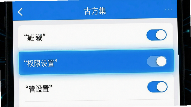 一张手机操作指南图,展示“古方集”APP的设置界面,布局为列表式,高亮显示“权限设置”选项,风格科技感,配色蓝白相间,细节包含开关按钮,文字加引号显示“权限管理”,画质锐利,简洁,无干扰元素