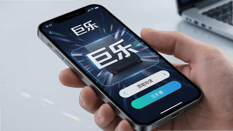 主体为手机屏幕显示巨乐APP的流畅操作界面,布局紧凑,动态模糊效果展示速度感,风格科技感,细节清晰,高清画质,干净,图中包含文字